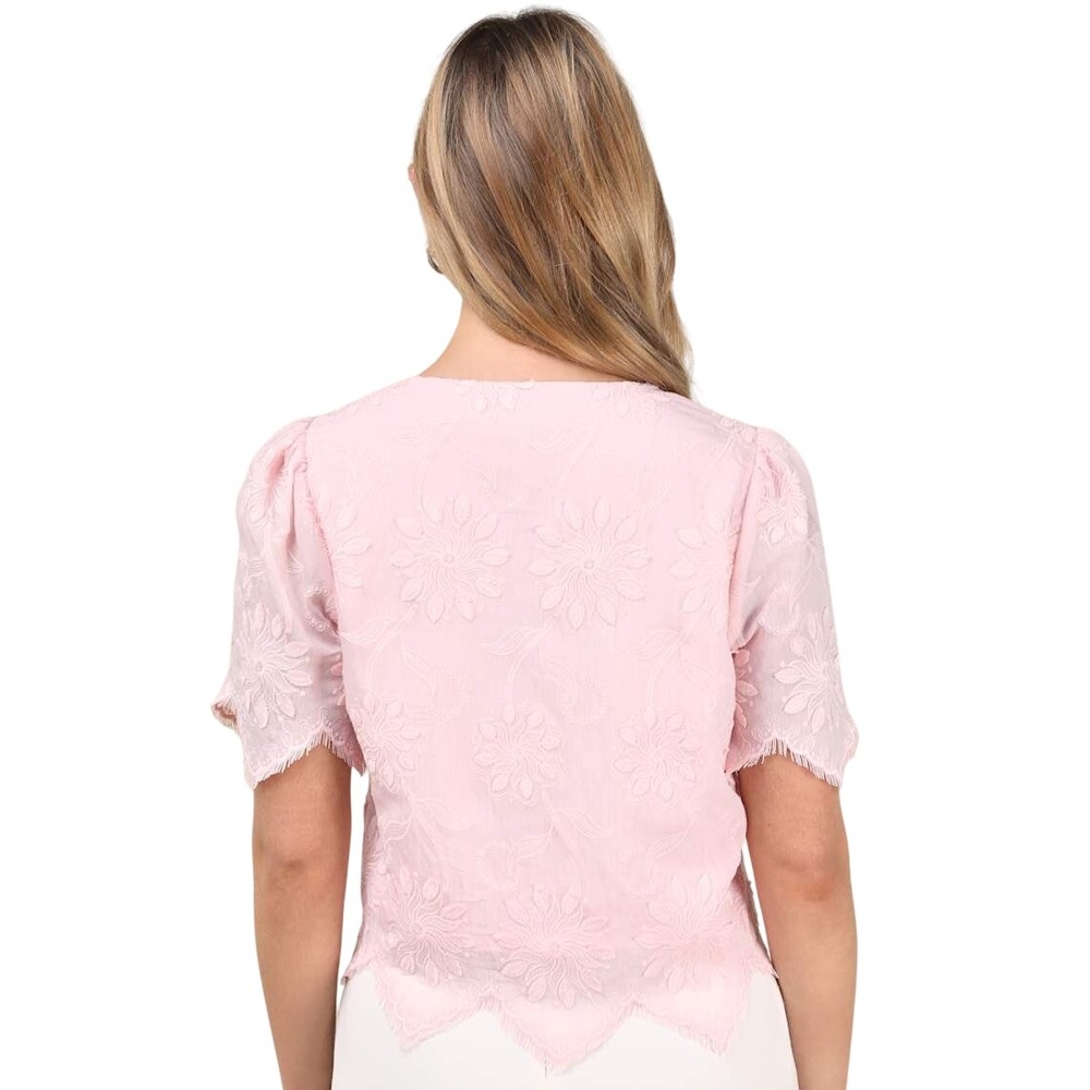 Lulus NWT Pink Floral Embroidered Tie Front Crop Top Scallop Hem Size Medium - Picture 9 of 9